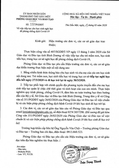 Tiếp tục cho học sinh nghỉ học đến hết ngày 27/3/2020 và đi học trở lại từ thứ hai, ngày 30/3/2020.