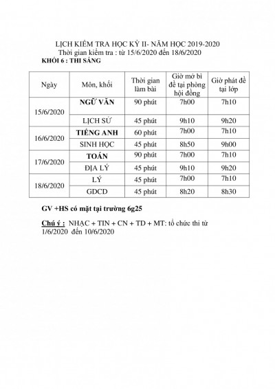 THÔNG BÁO LỊCH THI HKII NĂM HỌC 2019 - 2020