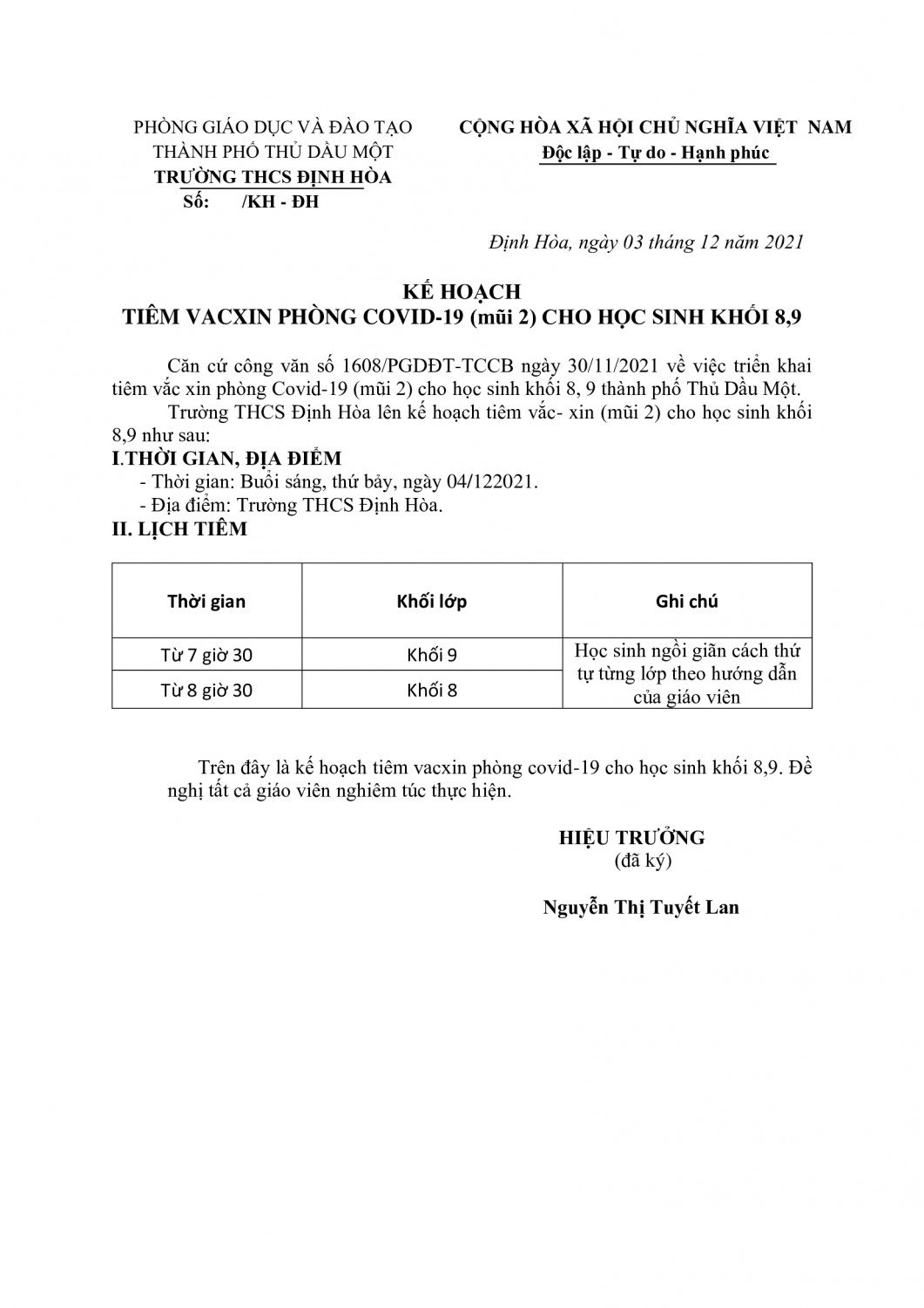 KH tiêm mũi 2 cho hs khối 8 9 (1)