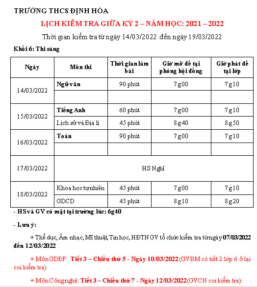 Lịch thi K6